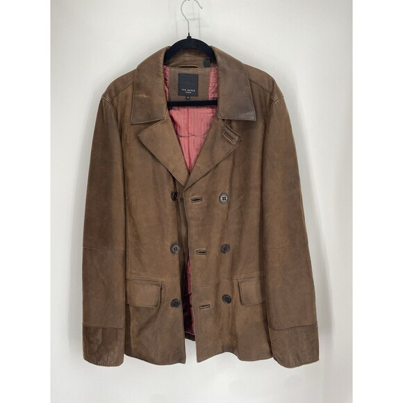 Ted Baker Tobacco Brown Distressed Leather Jacket Double Breasted Men’s 4